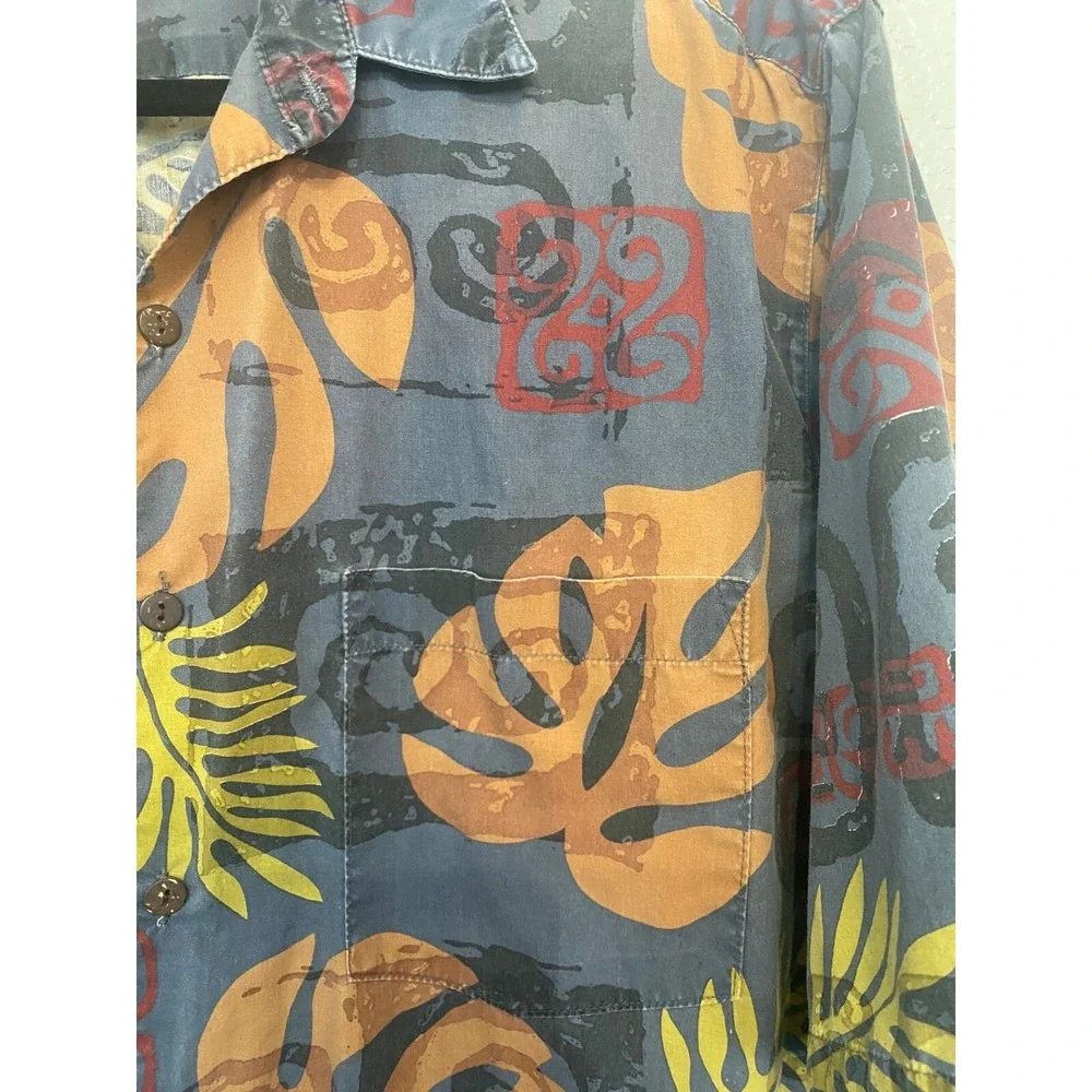 Go Barefoot Hawaiian Shirt Mens L Blue Orange‎ Tropical Monstera Made in USA